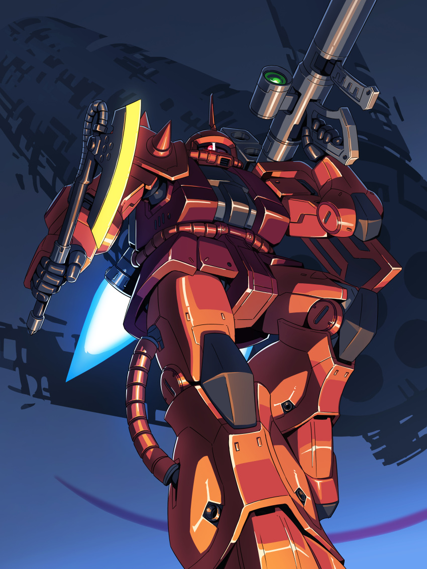 absurdres artofwill axe bazooka_(gundam) dual_wielding from_below gun gundam hand_up heat_hawk highres holding holding_axe holding_weapon horns knee_up looking_at_viewer mecha mobile_suit_gundam o'neill_cylinder one-eyed red_eyes robot science_fiction shoulder_spikes single_horn solo space_colony spikes thrusters weapon zaku_ii_s_char_custom