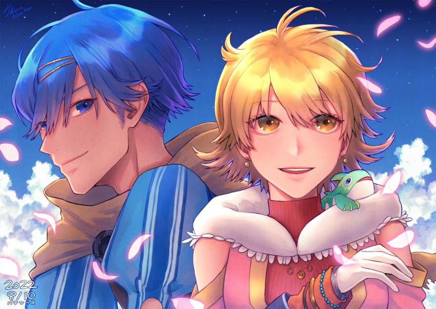 1boy 1girl baten_kaitos bead_bracelet beads blonde_hair blue_eyes blue_hair bracelet clouds dated day detached_sleeves earrings hair_between_eyes hand_up highres jewelry kalas_(baten_kaitos) looking_at_viewer outdoors petals scarf short_hair takamasa_(sippuukai) upper_body xelha_(baten_kaitos) yellow_eyes