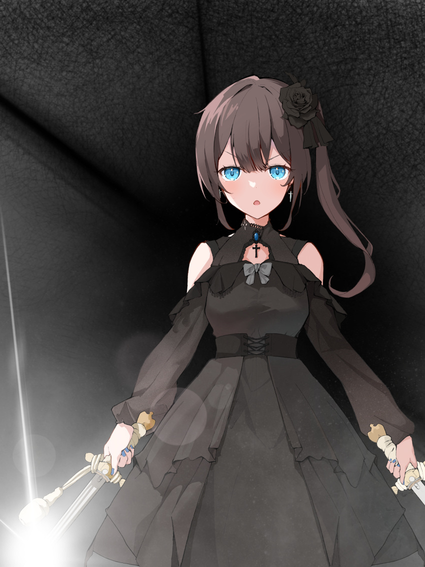 1girl absurdres black_dress black_flower black_rose blue_eyes breasts brown_hair dress dual_wielding flower frown hair_flower hair_ornament highres holding holding_sword holding_weapon juzi_wei_qishui lens_flare medium_breasts open_mouth original rose shiny side_ponytail solo sword v-shaped_eyebrows weapon