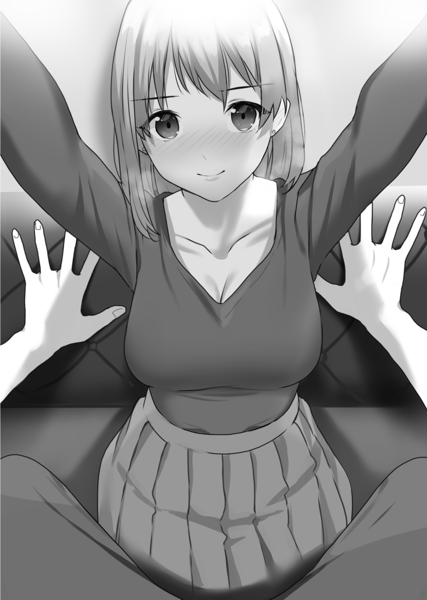 1girl arms_up blush closed_mouth doushimasho eyebrows_visible_through_hat full-face_blush highres legs_apart long_sleeves monochrome original outstretched_arms pants pleated_skirt pov shirt short_hair skirt smile v-neck