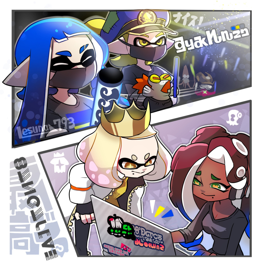 +_+ artist_name blonde_hair blue_hair breasts brown_eyes brown_hair casual closed_eyes coat computer dark-skinned_female dark_skin domino_mask fingerless_gloves gloves gradient_hair green_eyes heart heart-shaped_pupils highres inkling inkling_boy inkling_girl laptop lesuna long_hair long_sleeves marina_(splatoon) mask medium_breasts mole mole_under_mouth mouth_mask multicolored_hair patchwork_clothes pearl_(splatoon) pink_hair smallfry_(splatoon) splatoon_(series) splatoon_2 sticker symbol-shaped_pupils tentacle_hair watermark white_coat yellow_eyes