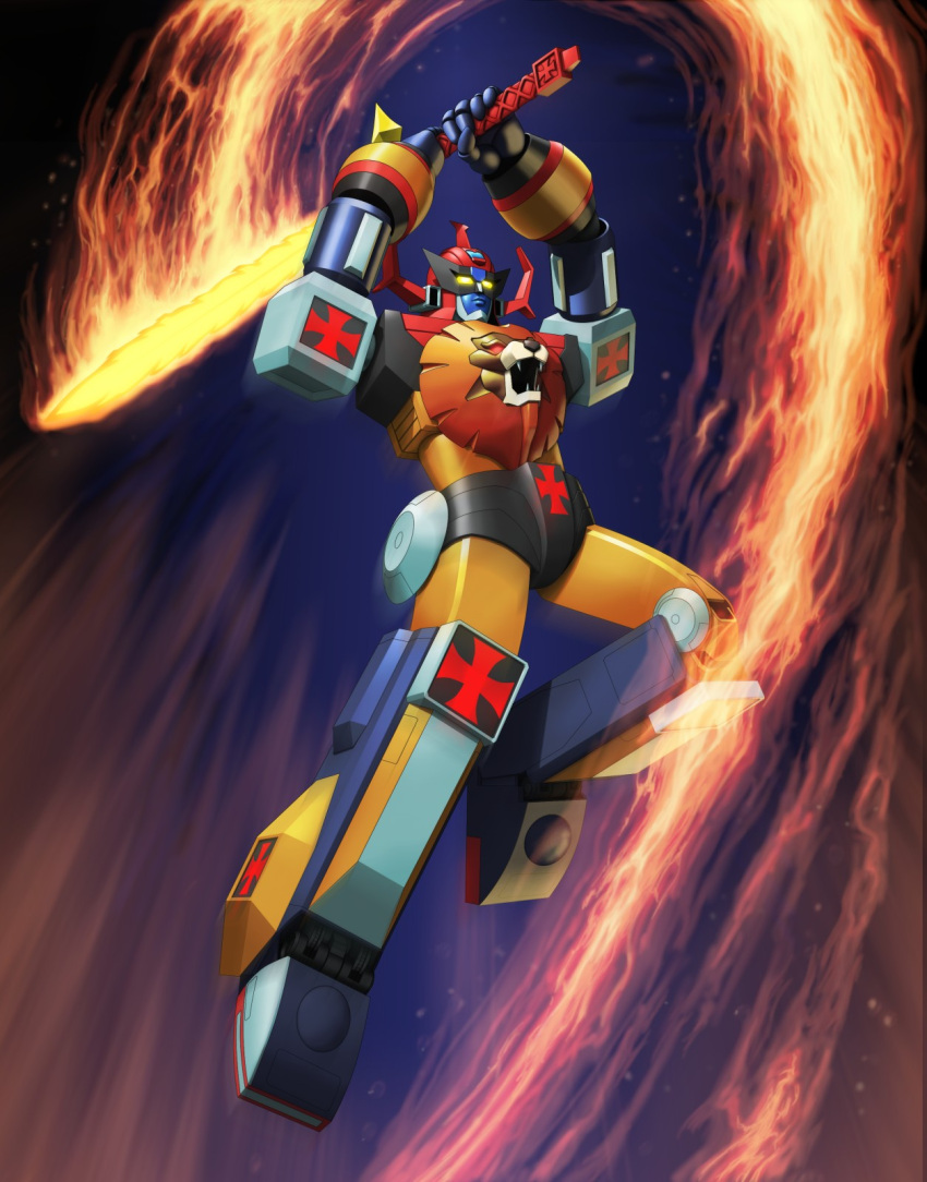 0-sum daltanious fighting_stance flame_trail flaming_sword flaming_weapon full_body highres mecha mirai_robo_daltanious no_humans robot slashing solo super_robot_wars yellow_eyes