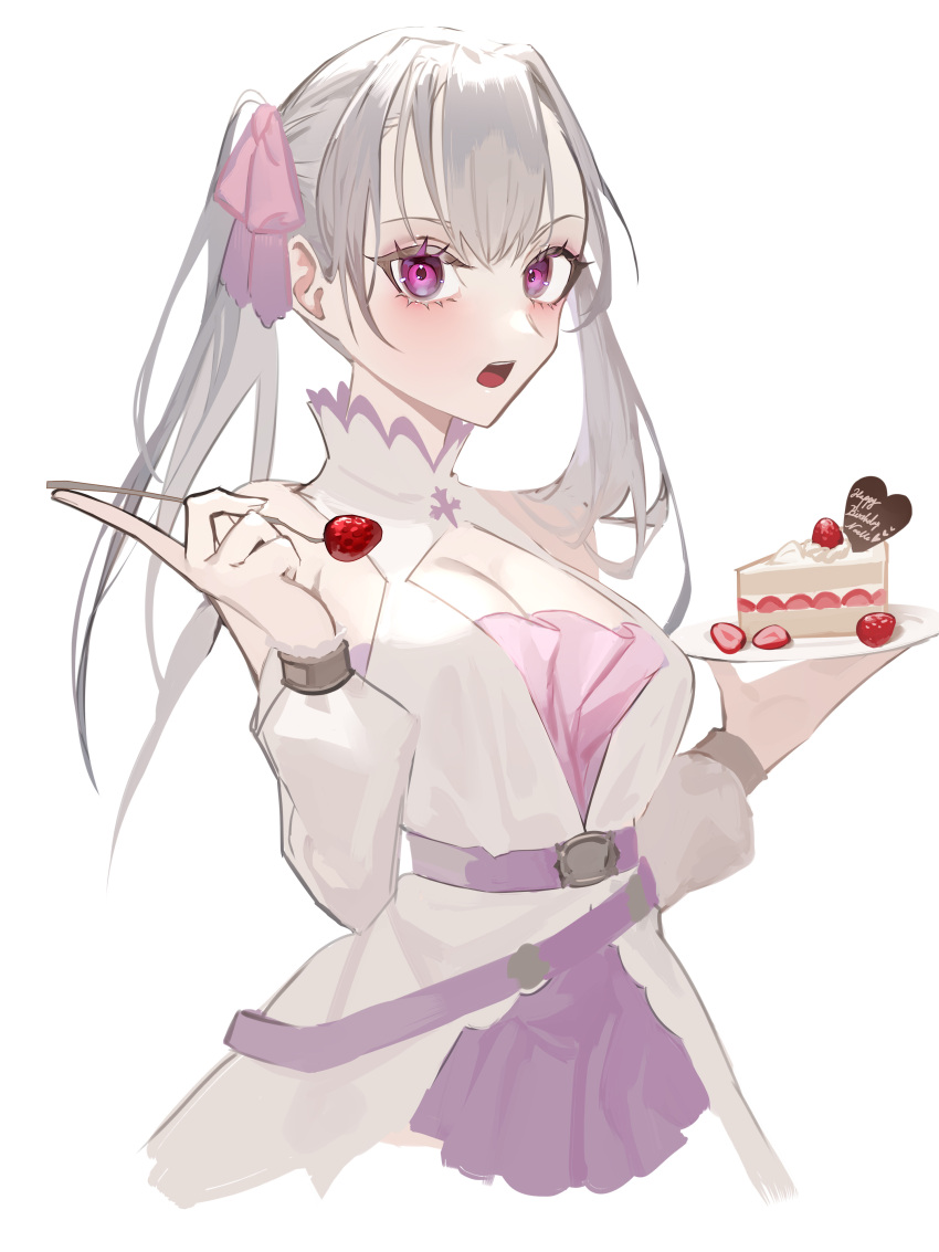 1girl absurdres black_clover cake dress food fork frit_2 fruit grey_hair hair_ribbon happy_birthday highres holding holding_cake holding_food holding_fork noelle_silva purple_dress purple_ribbon ribbon solo strawberry strawberry_shortcake twintails white_background