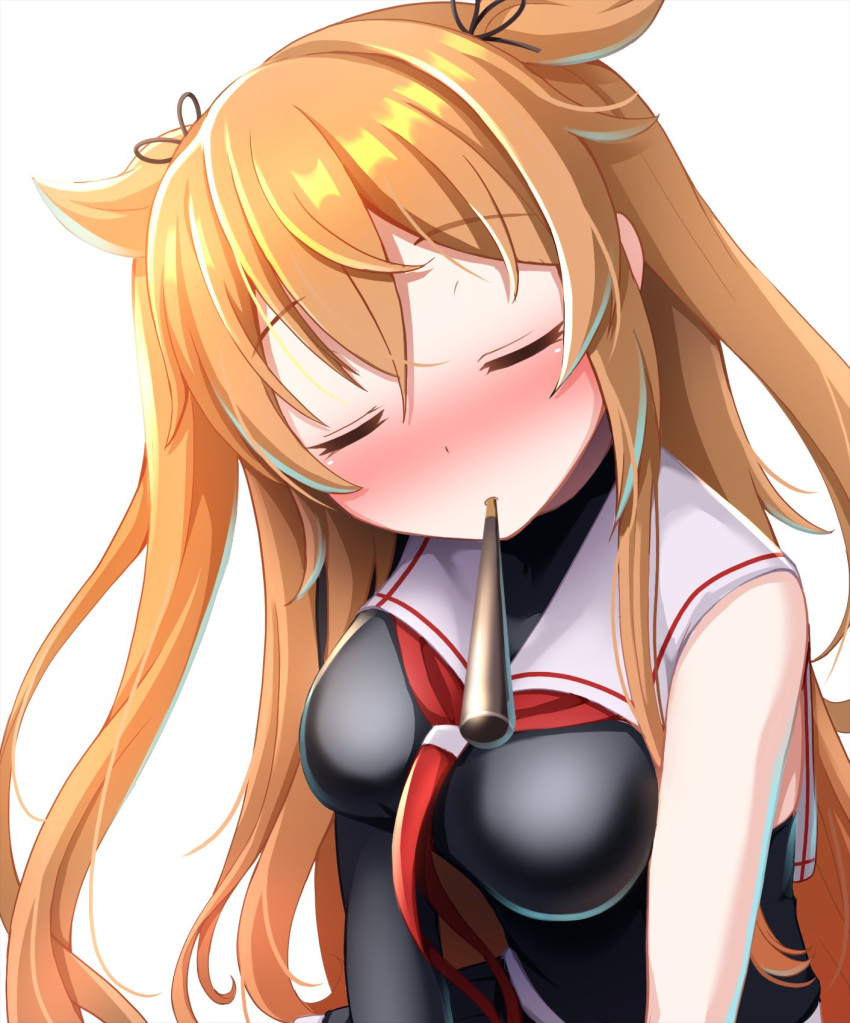 asymmetrical_sleeves breasts closed_eyes highres kantai_collection large_breasts light_brown_hair long_hair murasame_(kancolle) narashika_asuka pocky_in_mouth school_uniform serafuku simple_background twintails