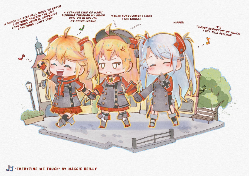 3girls admiral_hipper_(azur_lane) ahoge anger_vein azur_lane bench blonde_hair bluecher_(azur_lane) blush boots buttons chibi closed_eyes cross double-breasted english_commentary english_text full_body gloves head_tilt highres holding_hands iron_cross jitome long_hair long_sleeves mole mole_under_eye multiple_girls music musical_note open_mouth outdoors park_bench pleated_skirt prinz_eugen_(azur_lane) red_scarf red_skirt scarf siblings singing sisters skirt smile town tree tweetdian two_side_up walking white_hair