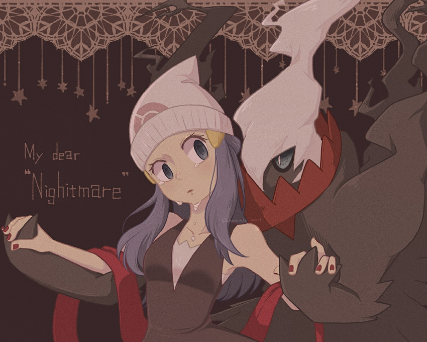 1boy 1girl artist_name bare_shoulders beanie black_shirt black_skin blue_eyes blue_hair blue_sclera breasts collarbone colored_sclera colored_skin commentary_request crying darkrai empty_eyes eye_contact hair_ornament hair_over_one_eye hairclip hands_up hat hetero hikari_(pokemon) holding_hands interlocked_fingers interspecies lemonade_kokoi long_hair looking_at_another nail_polish one_eye_covered open_mouth partial_commentary pokemon pokemon_(creature) pokemon_(game) pokemon_dppt red_nails red_scarf scarf shirt sidelocks signature sleeveless sleeveless_shirt small_breasts tears twitter_username white_eyes white_hair white_headwear wide-eyed