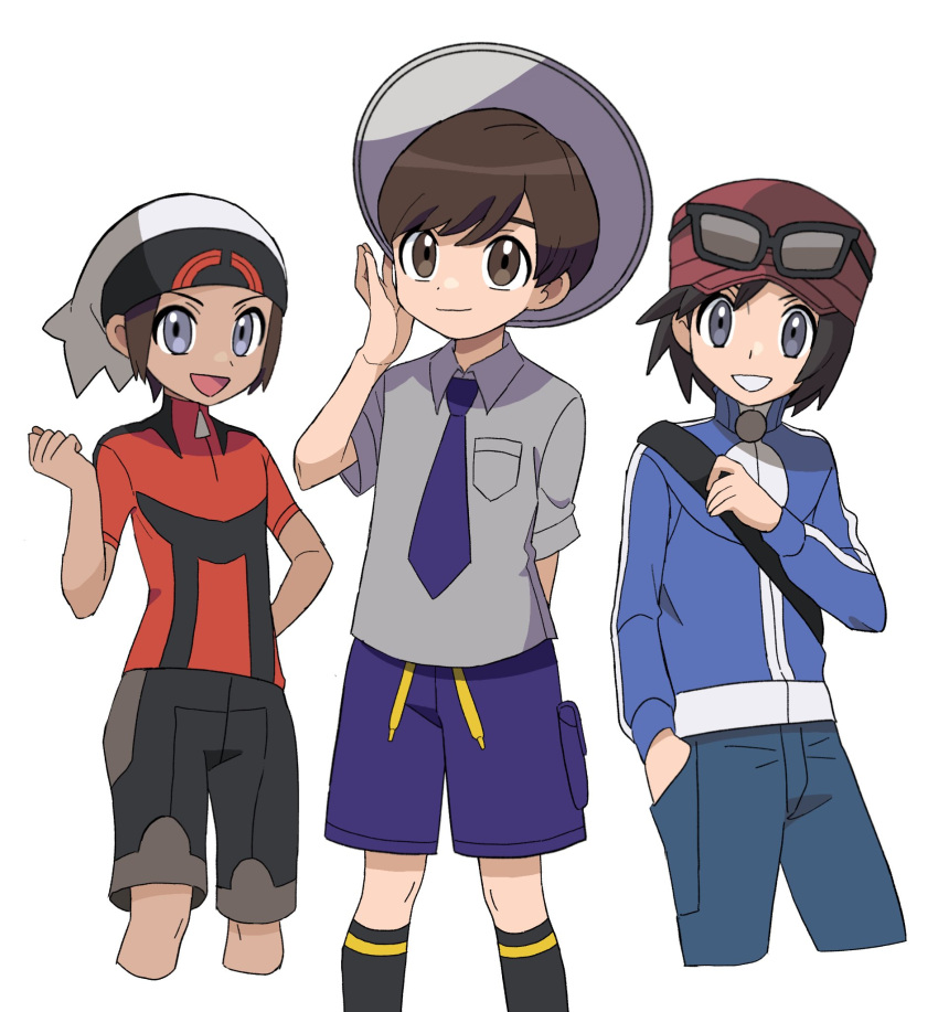 3boys bangs beanie black-framed_eyewear black_hair black_shorts black_socks blue_jacket brendan_(pokemon) brown_eyes brown_hair calem_(pokemon) closed_mouth collared_shirt commentary_request eyewear_on_headwear florian_(pokemon) grey_eyes grey_headwear grey_shirt grin hand_up hat highres holding_strap jacket kneehighs long_sleeves looking_at_viewer male_focus multiple_boys necktie pokemon pokemon_(game) pokemon_oras pokemon_sv pokemon_xy purple_necktie purple_shorts red_headwear sana_(37pisana) shirt short_hair short_sleeves shorts smile socks sunglasses tight tight_shirt turtleneck turtleneck_jacket white_headwear zipper_pull_tab