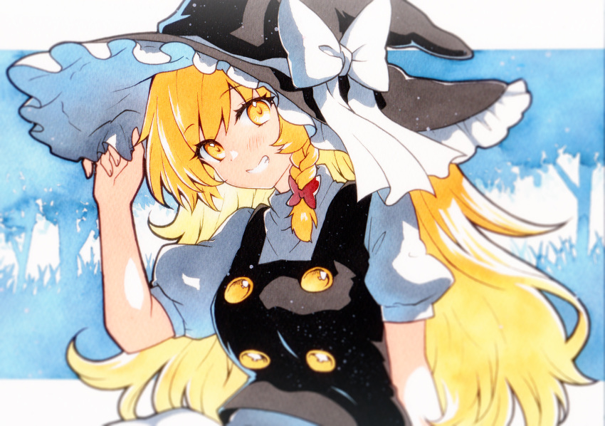 1girl arm_up bangs black_headwear black_vest blonde_hair blurry blush bow braid buttons commentary frilled_hat frills grin hair_bow hand_on_headwear hat hat_bow head_tilt highres kirisame_marisa long_hair looking_at_viewer puffy_short_sleeves puffy_sleeves qqqrinkappp red_bow shirt short_sleeves side_braid single_braid smile solo touhou traditional_media turtleneck upper_body vest white_bow white_shirt witch_hat yellow_eyes