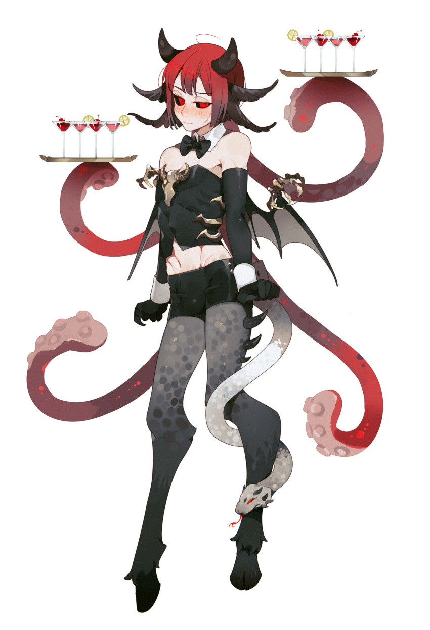 1boy ahoge animal_feet black_bow black_bowtie black_gloves black_horns black_sclera black_shirt black_shorts black_wings blush bow bowtie chinese_commentary claws closed_mouth collar colored_sclera crop_top crossdressing cup demon_boy demon_horns demon_wings detached_collar drink drinking_glass elbow_gloves embarrassed full_body gloves grey_scales grey_tail groin head_fins highres holding holding_tray hooves horns long_hair looking_at_viewer male_focus midriff monster_boy original red_eyes redhead scales shirt shorts simple_background skin_tight snake_tail solo somalia strapless suction_cups tail tail_around_leg tentacle_hair tray white_background white_collar white_wrist_cuffs wine_glass wings wrist_cuffs
