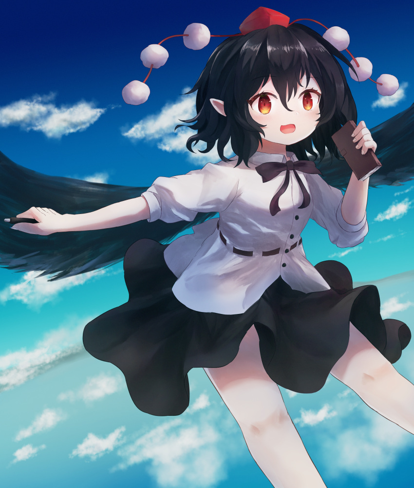 1girl absurdres ar_(maeus) bangs black_hair black_ribbon black_skirt black_wings blue_sky clouds commentary feathered_wings feet_out_of_frame flying highres holding holding_notebook holding_pen legs_apart looking_at_viewer medium_hair notebook open_mouth pen pom_pom_(clothes) red_eyes red_headwear ribbon shameimaru_aya shirt short_sleeves skirt sky solo touhou white_shirt wings