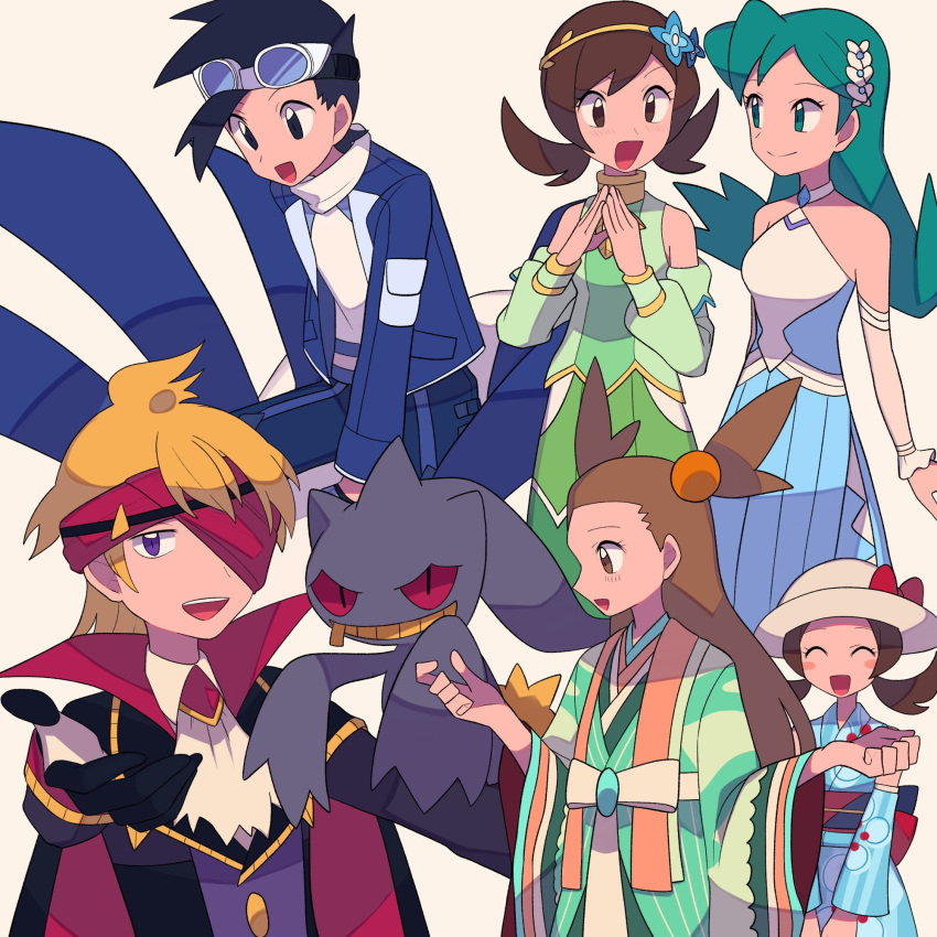 2boys 3girls :d ascot bangs bare_shoulders black_hair blonde_hair blue_jacket blue_kimono brown_eyes brown_hair commentary_request dress ethan_(pokemon) ethan_(sygna_suit)_(pokemon) gloves goggles green_hair green_kimono hands_up hat headband highres jacket japanese_clothes jasmine_(pokemon) jasmine_(special_costume)_(pokemon) kimono kris_(pokemon) kris_(sygna_suit)_(pokemon) long_hair long_sleeves lyra_(pokemon) lyra_(summer_2020)_(pokemon) lyra_(sygna_suit)_(pokemon) morty_(fall_2021)_(pokemon) morty_(pokemon) multiple_boys multiple_girls official_alternate_costume open_clothes open_jacket open_mouth own_hands_together pants pokemon pokemon_(game) pokemon_masters_ex scarf shirt short_hair smile teeth tongue twintails two_side_up tyako_089 upper_teeth violet_eyes white_ascot white_scarf yukata