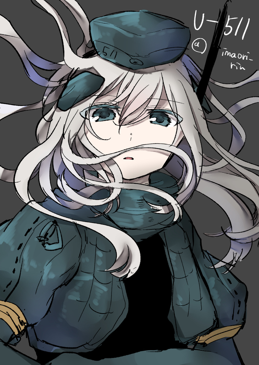 1girl absurdres blonde_hair blue_eyes character_name cropped_jacket garrison_cap grey_background hat highres imaori_rin kantai_collection long_hair long_sleeves military military_uniform open_mouth puffy_long_sleeves puffy_sleeves solo swimsuit swimsuit_under_clothes twitter_username u-511_(kancolle) uniform upper_body