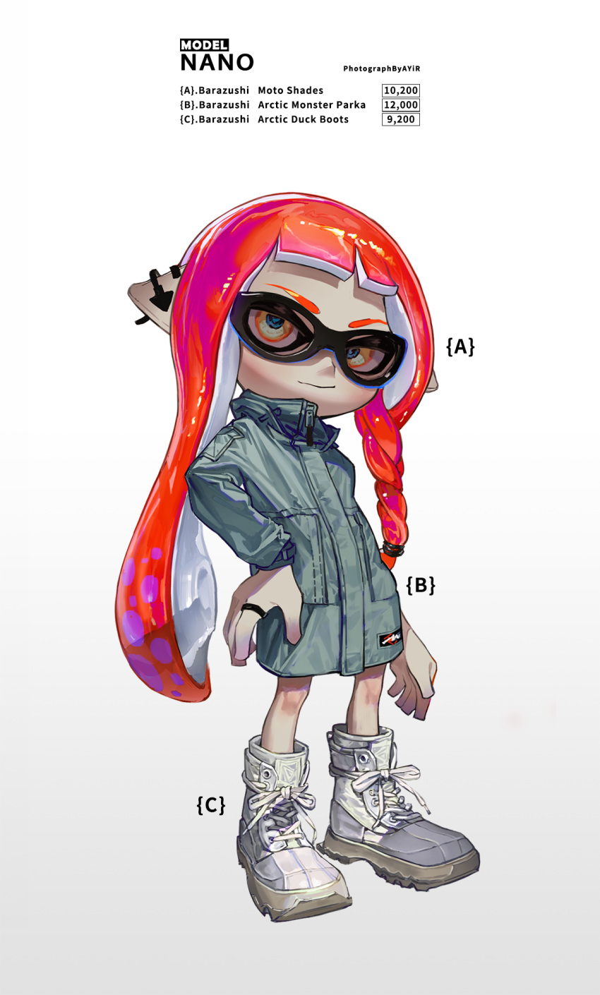1girl alternate_costume ange-yi braid closed_mouth ear_piercing english_text green_jacket hand_on_hip highres inkling inkling_girl jacket jewelry long_hair looking_at_viewer piercing redhead ring shoes single_braid sneakers solo splatoon_(series) squid standing suction_cups sunglasses tentacle_hair