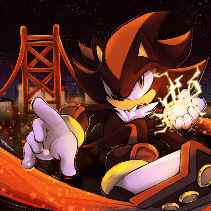 1boy city electricity furry furry_male gloves hera_souflee highres male_focus night night_sky open_mouth orange_eyes shadow_the_hedgehog shoes sky solo sonic_(series) sonic_adventure_2 white_gloves