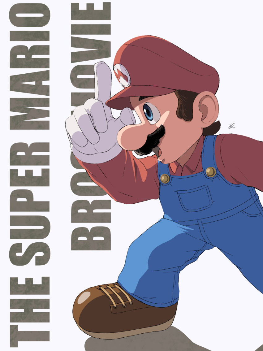 1boy banel_springer blue_eyes blue_overalls copyright_name facial_hair gloves hat highres male_focus mario mustache open_mouth overalls profile red_shirt shirt shoes solo standing super_mario_bros. the_super_mario_bros._movie white_gloves