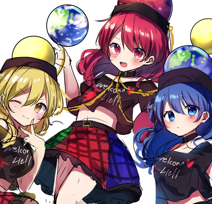 3girls commentary_request hecatia_lapislazuli hecatia_lapislazuli_(earth) hecatia_lapislazuli_(moon) highres moshihimechan multiple_girls multiple_persona simple_background touhou white_background
