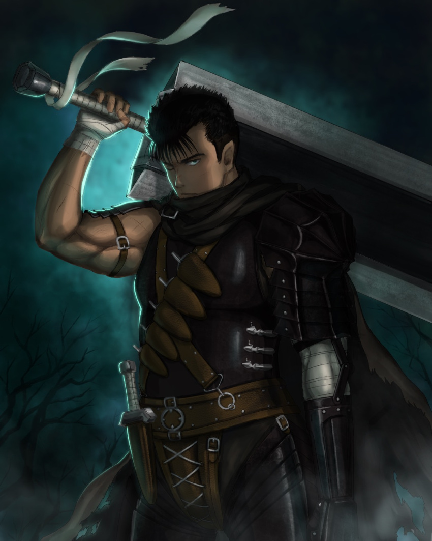 1boy bandaged_arm bandaged_hand bandages berserk black_hair closed_mouth cowboy_shot dagger guts_(berserk) highres holding holding_sword holding_weapon knife looking_at_viewer male_focus muscular muscular_male night one_eye_closed outdoors short_hair solo standing sword weapon yappo_(point71)