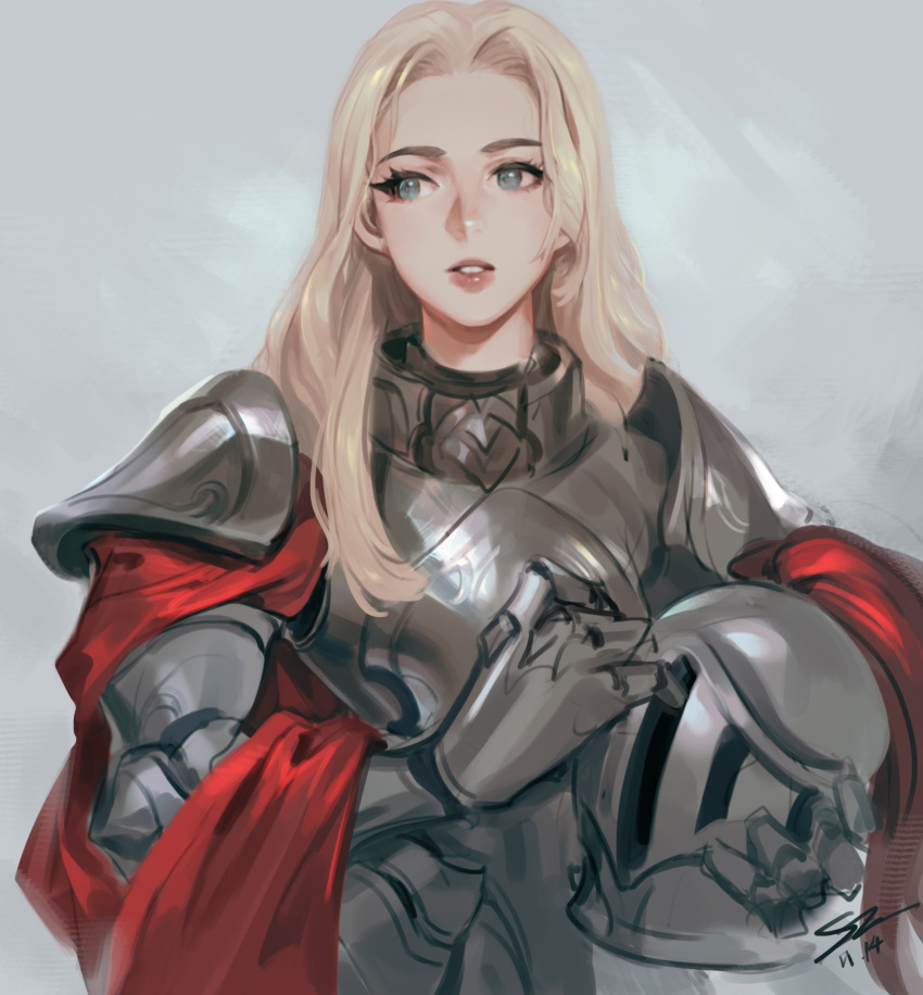 1girl armor bangs blonde_hair breastplate gradient gradient_background grey_background grey_eyes headwear_removed helmet helmet_removed highres holding holding_helmet long_hair original parted_lips shiny shiny_hair shiny_skin shoulder_plates solo steve_zheng teeth upper_body