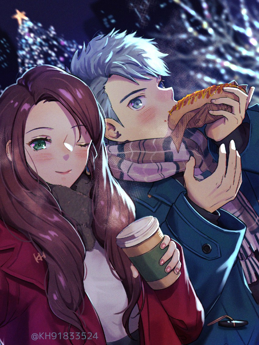 1boy 1girl ;) alternate_costume blue_coat blurry blurry_background blush brown_hair caspar_von_bergliez christmas christmas_tree closed_mouth coat dorothea_arnault earrings fire_emblem fire_emblem:_three_houses food green_eyes grey_eyes grey_hair highres holding holding_food hot_dog jewelry kh_(tanakananataka) long_hair looking_at_viewer one_eye_closed open_clothes open_coat plaid plaid_scarf red_coat scarf shiny shiny_hair short_hair smile twitter_username white_scarf winter winter_clothes winter_coat