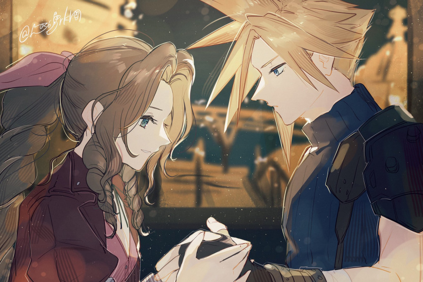 1boy 1girl aerith_gainsborough armor bandaged_arm bandages bangle bangs black_gloves blonde_hair blue_eyes blue_shirt bracelet braid braided_ponytail breasts brown_hair choker cloud_strife dress final_fantasy final_fantasy_vii gloves green_eyes hair_ribbon hanaon highres holding_hands jacket jewelry long_hair looking_at_another parted_bangs parted_lips pink_dress pink_ribbon profile puffy_short_sleeves puffy_sleeves red_jacket ribbon ribbon_choker shirt short_hair short_sleeves shoulder_armor sidelocks sleeveless sleeveless_turtleneck small_breasts smile spiky_hair suspenders turtleneck twitter_username wavy_hair