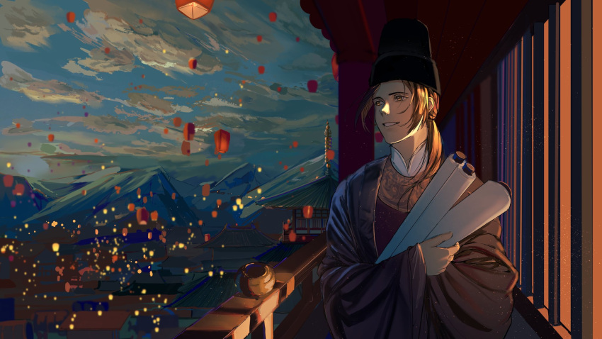 1boy architecture axis_powers_hetalia backlighting balcony brown_eyes brown_hair china_(hetalia) chinese_clothes east_asian_architecture festival hanfu highres holding holding_scroll lantern lantern_festival looking_to_the_side male_focus mountainous_horizon night night_sky outdoors paper_lantern ponytail railing robe scenery scroll sky sky_lantern smile village zhongerweiyuan