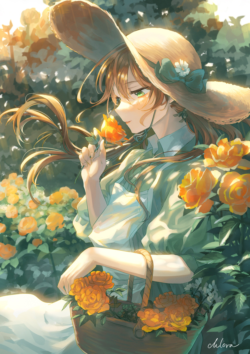 1girl apron bangs basket blush brown_hair chlora_imasayo collared_shirt commentary_request daisy day floating_hair flower green_eyes green_shirt hat hat_flower hat_ribbon highres holding holding_basket holding_flower long_hair original outdoors puffy_sleeves ribbon rose shirt signature solo standing straw_hat sun_hat white_apron