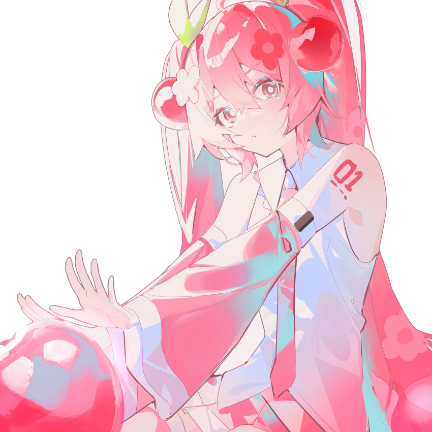1girl absurdres bangs bare_shoulders cherry cherry_hair_ornament collar collared_shirt detached_sleeves flower food food-themed_hair_ornament fruit hair_between_eyes hair_flower hair_ornament hatsune_miku highres long_hair long_sleeves looking_at_viewer necktie parted_lips petals pink_eyes pink_necktie pink_skirt pink_theme pleated_skirt qtian red_flower redhead sakura_miku shirt skirt sleeveless sleeveless_shirt solo twintails upper_body vocaloid