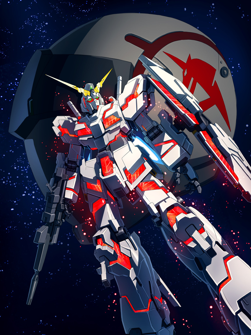 absurdres artofwill beam_rifle dutch_angle energy_gun feet_out_of_frame green_eyes gundam gundam_unicorn highres holding holding_weapon insignia light_particles looking_away mecha mobile_suit nt-d open_hand robot science_fiction shield solo space star_(sky) thrusters unicorn_gundam v-fin weapon