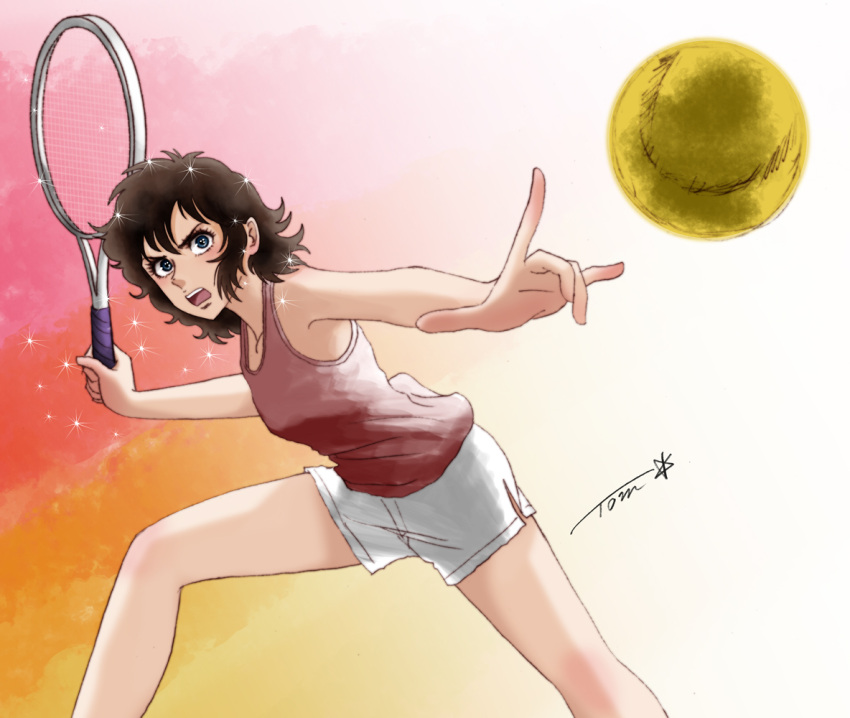 1girl :o ace_wo_nerae! ball breasts brown_hair chutohampa feet_out_of_frame oka_hiromi open_mouth racket retro_artstyle shorts sidelocks signature small_breasts solo sportswear tank_top tennis tennis_ball tennis_racket white_shorts