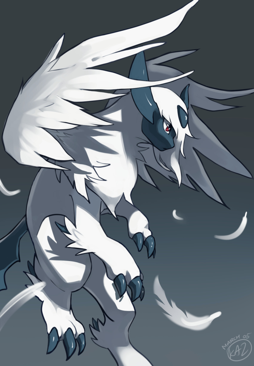 absol animal_focus artist_name bangs claws closed_mouth commentary dated english_commentary expressionless feathered_wings feathers from_side gradient gradient_background grey_background highres kaziearts mega_absol mega_pokemon monochrome no_humans pokemon pokemon_(creature) red_eyes short_hair signature simple_background solo white_feathers white_hair white_wings wings