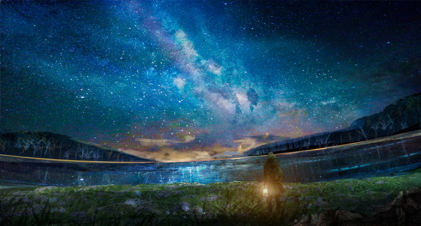 1boy backpack bag black_coat black_pants clouds coat commentary field from_behind grass grey_hair highres hill holding holding_lantern horizon lake lantern milky_way night original outdoors pants reflection reflective_water scenery sky star_(sky) starry_sky tree walking yamaneko8686