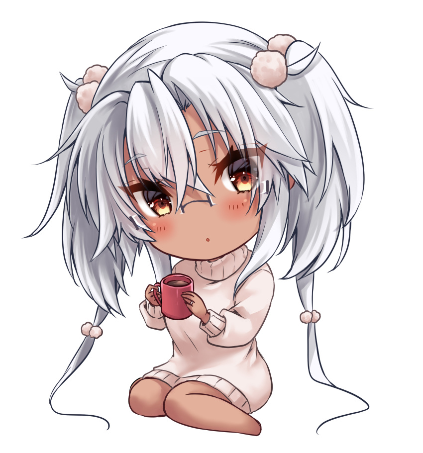 1girl absurdres alternate_costume brown_eyes chibi cup dark-skinned_female dark_skin glasses grey-framed_eyewear grey_hair hair_between_eyes highres holding holding_cup jewelry kantai_collection long_hair long_sleeves mashiro_yukiya mug musashi_(kancolle) musashi_kai_ni_(kancolle) rectangular_eyewear ring semi-rimless_eyewear sitting solo sweater turtleneck turtleneck_sweater twintails very_long_hair wariza wedding_ring