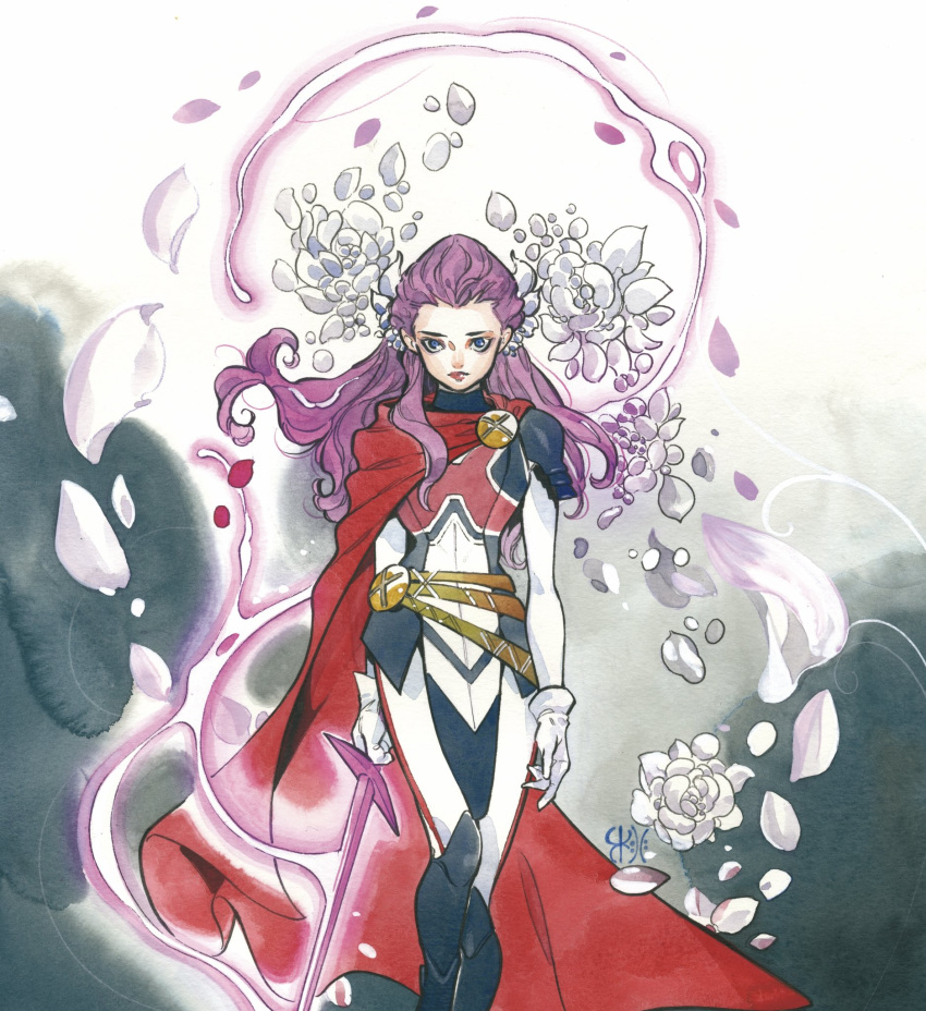 1girl animification blue_bodysuit bodysuit breasts cape comic_cover cover_image energy_sword floating_hair flower gloves highres holding holding_sword holding_weapon long_hair looking_at_viewer marvel medium_breasts multicolored_bodysuit multicolored_clothes official_art peach_momoko psylocke purple_hair red_cape solo straight-on sword weapon white_bodysuit white_flower white_gloves x-men