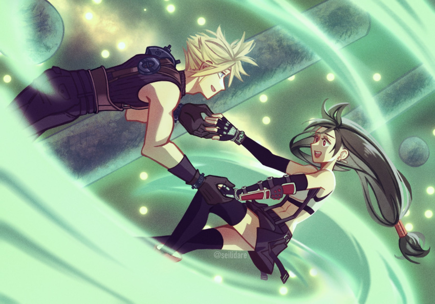 1boy 1girl arm_armor armor bare_shoulders black_hair black_skirt black_thighhighs blonde_hair bracelet cloud_strife crop_top detached_sleeves earrings final_fantasy final_fantasy_vii final_fantasy_vii_remake fingerless_gloves gloves highres holding_hands jewelry long_hair looking_at_another low-tied_long_hair midriff navel open_mouth outstretched_arms red_eyes seilidare shoulder_armor skirt sleeveless sleeveless_turtleneck spiky_hair suspender_skirt suspenders sweater tank_top thigh-highs tifa_lockhart turtleneck turtleneck_sweater white_tank_top