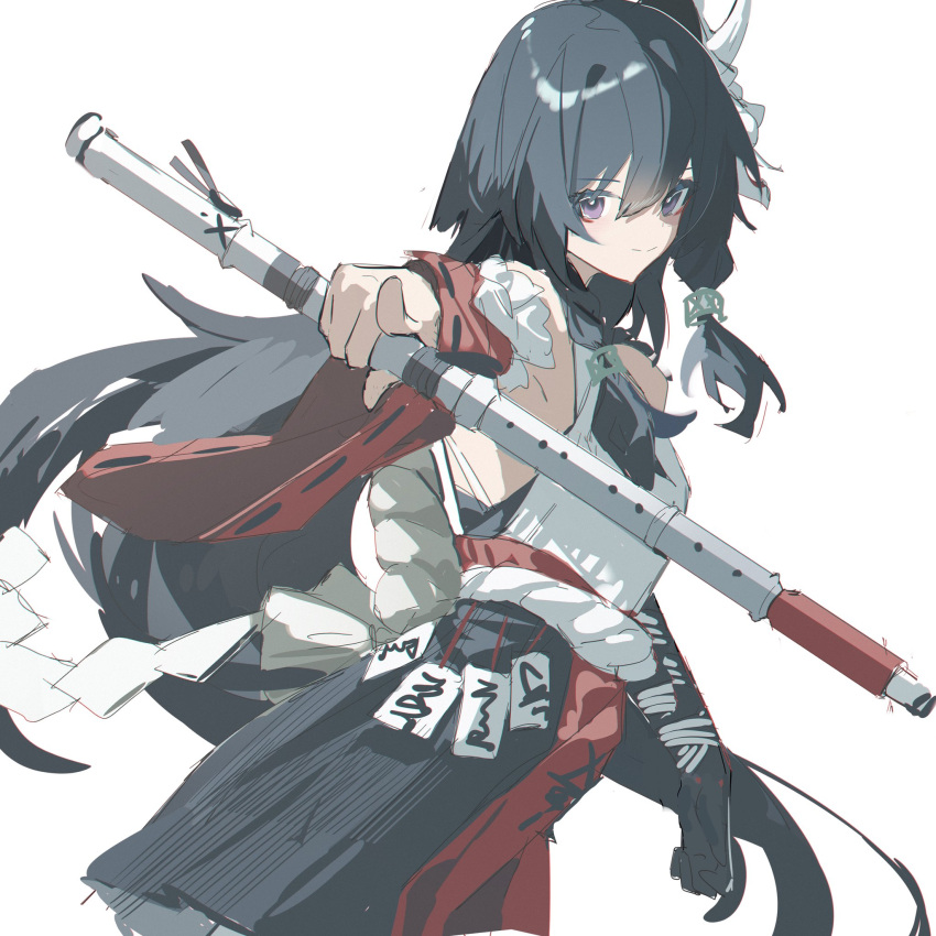 1girl alternate_costume alternate_hairstyle black_hair black_hakama flute hair_between_eyes hakama hakama_skirt highres instrument japanese_clothes long_hair looking_at_viewer mask mask_on_head miko official_alternate_costume oni_mask punishing:_gray_raven purple_hair qtian selena_(punishing:_gray_raven) simple_background skirt solo white_background