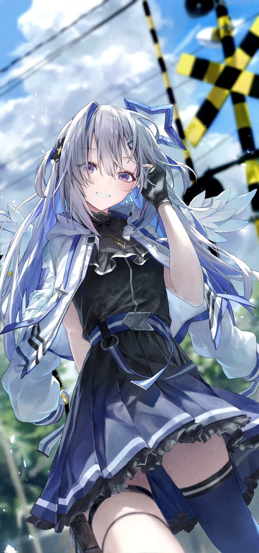 1girl absurdres amane_kanata angel angel_wings belt blue_belt blue_hair blue_thighhighs colored_inner_hair feathered_wings fudepenbrushpen gloves grey_hair grey_jacket halo highres holoforce hololive jacket legwear_garter long_hair looking_at_viewer mini_wings multicolored_hair outdoors partially_fingerless_gloves single_thighhigh smile star_halo streaked_hair thigh-highs thigh_strap violet_eyes virtual_youtuber white_jacket white_wings wings