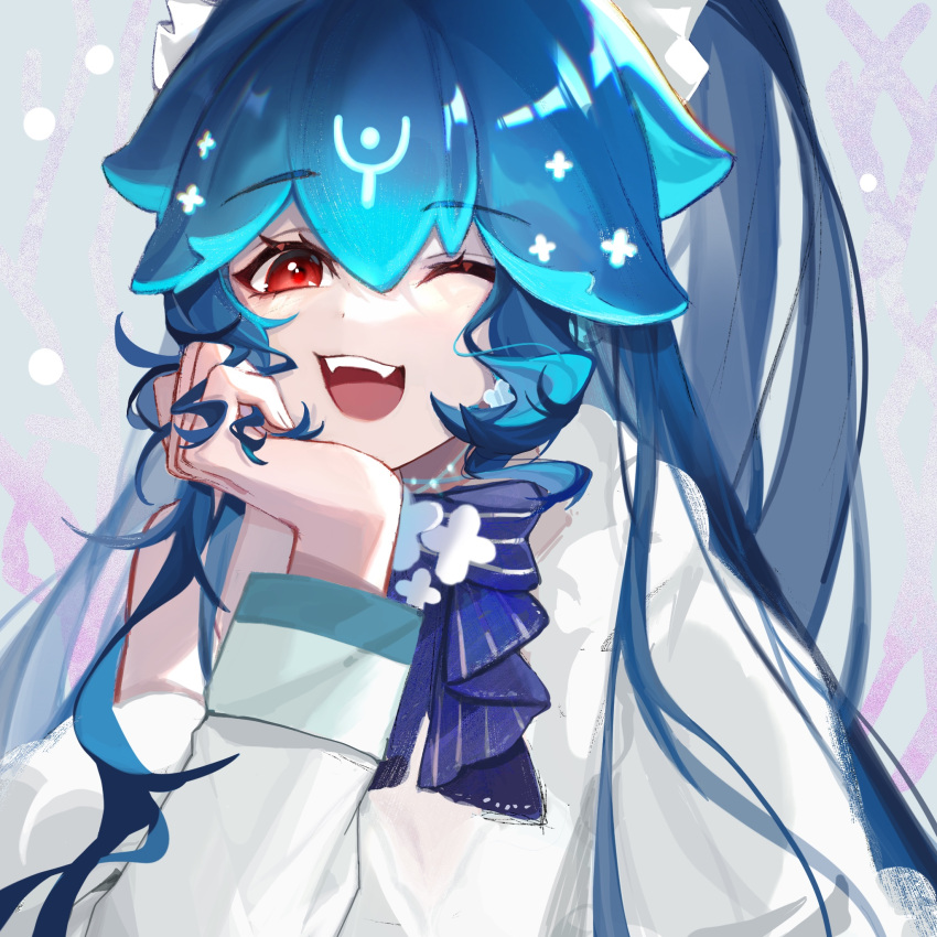 1girl :d bangs bao_(vtuber) blue_bow blue_choker blue_hair bow chinese_commentary choker fangs hair_between_eyes hair_ribbon hand_on_own_cheek hand_on_own_face highres hood hood_down hoodie indie_virtual_youtuber long_hair long_sleeves looking_at_viewer one_eye_closed open_mouth portrait red_eyes ribbon smile solo virtual_youtuber waxy white_hoodie white_ribbon