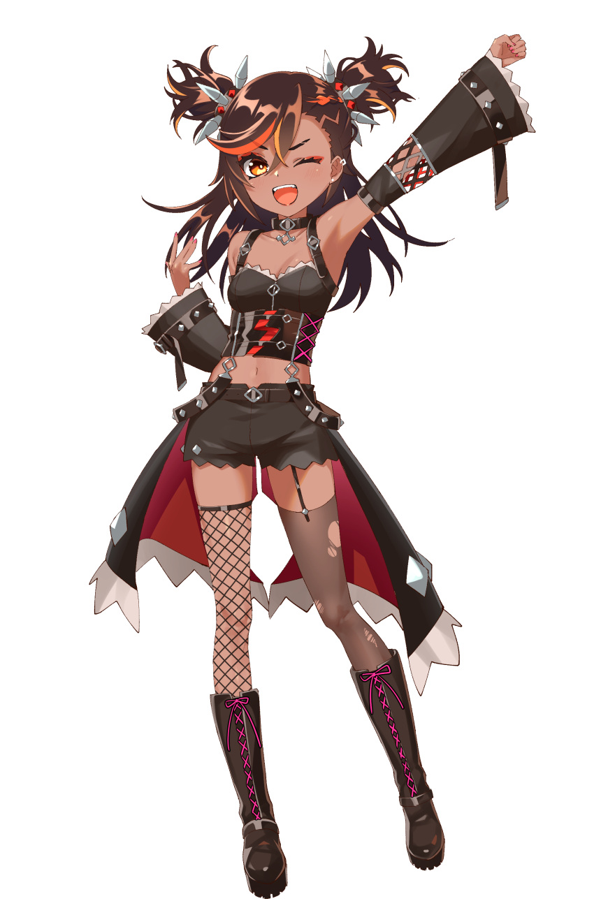 1girl ;d absurdres alternate_costume arm_up armpits asymmetrical_legwear bangs black_hair boots choker commentary_request dark_skin ear_piercing eyeshadow full_body genshin_impact hagehiro hair_between_eyes hair_ornament highres knee_boots long_hair long_sleeves looking_at_viewer makeup mismatched_legwear multicolored_hair navel one_eye_closed piercing raised_fist sidelocks simple_background smile solo spikes standing stomach streaked_hair twintails two-tone_hair two_side_up white_background xinyan_(genshin_impact) yellow_eyes
