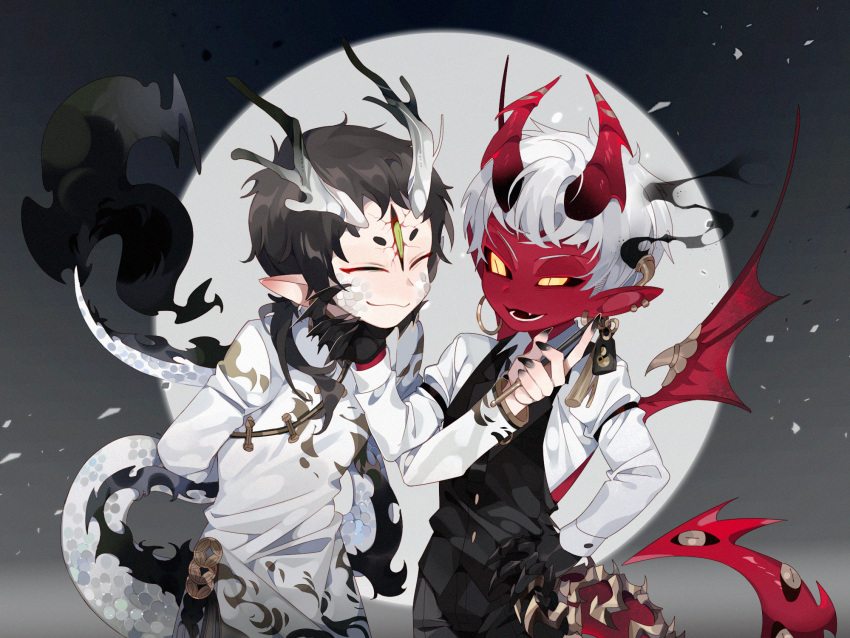2boys :3 antlers arm_strap black_background black_hair black_horns black_pants black_sclera black_vest changpao chinese_clothes chinese_commentary claws closed_eyes closed_mouth collared_shirt colored_sclera colored_skin demon_boy demon_horns demon_tail demon_wings dragon_boy dragon_tail ear_piercing earrings extra_eyes fang gradient_horns grey_background hand_on_another's_chin hand_on_hip hand_up highres holding holding_smoking_pipe horns jewelry kiseru long_hair long_sleeves looking_at_another low_ponytail male_focus multicolored_background multicolored_horns multiple_boys open_mouth original pants piercing pointy_ears red_horns red_pupils red_skin red_tail red_wings shirt short_eyebrows short_hair slit_pupils smoking_pipe somalia standing tail third_eye upper_body vest white_hair white_scales white_shirt wings yellow_eyes