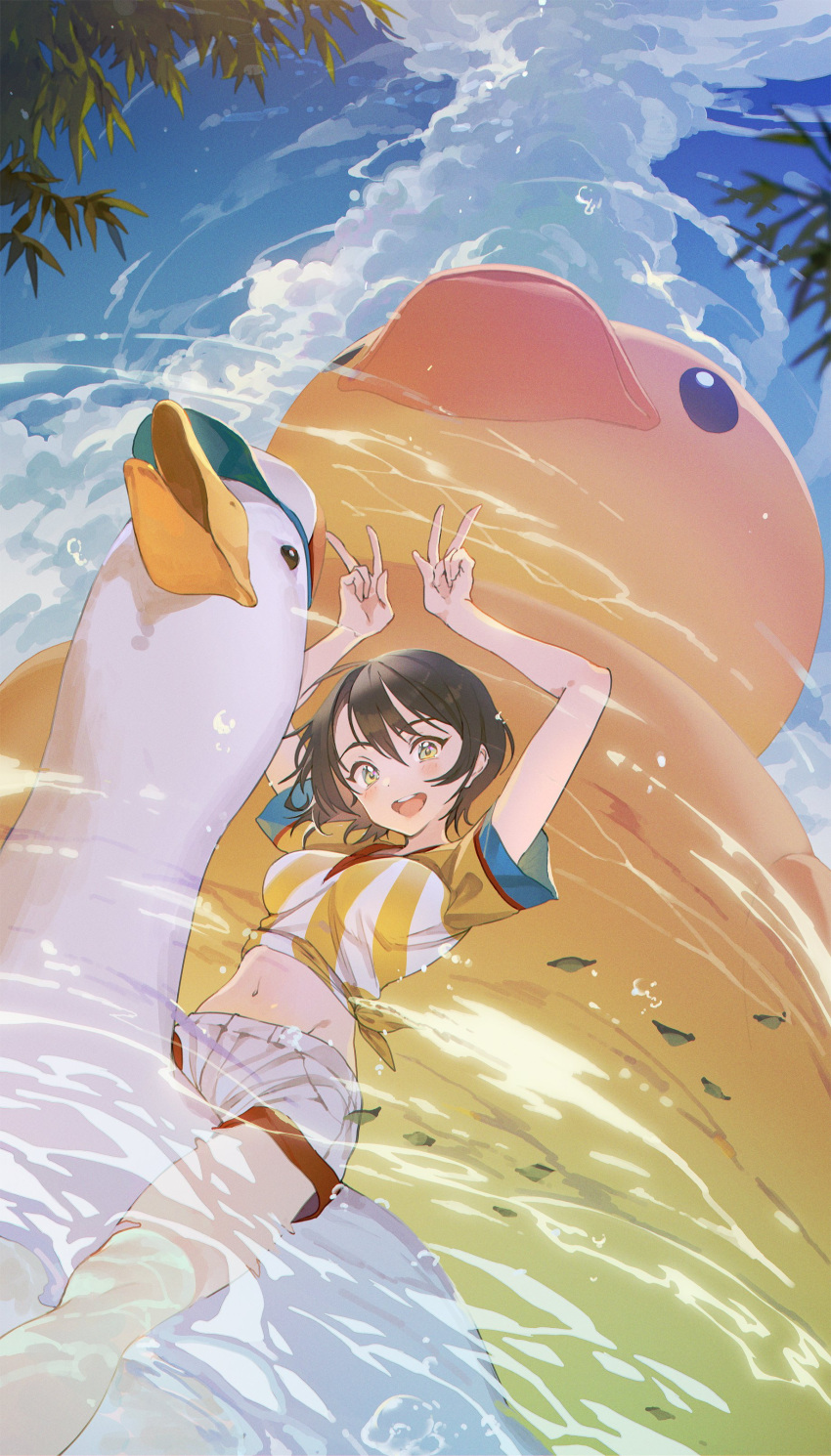 1girl absurdres black_hair blue_sky clouds cloudy_sky double_v feet_out_of_frame from_below green_eyes hands_up highres hololive hxxg looking_at_viewer navel oozora_subaru open_mouth riding rubber_duck shiny shiny_hair shirt short_hair short_sleeves shorts sky smile solo striped striped_shirt subaru_duck tree v vertical-striped_shirt vertical_stripes white_shirt white_shorts yellow_shirt