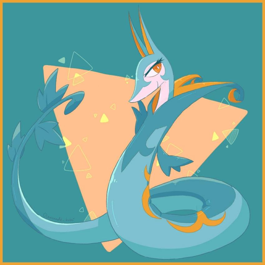 alternate_color animal_focus aqua_background aqua_theme artist_name border bright_pupils closed_mouth commentary_request full_body happy highres lemonade_kokoi looking_to_the_side no_humans orange_eyes partial_commentary pokemon pokemon_(creature) serperior shiny_pokemon signature smile triangle twitter_username two-tone_background white_pupils yellow_border