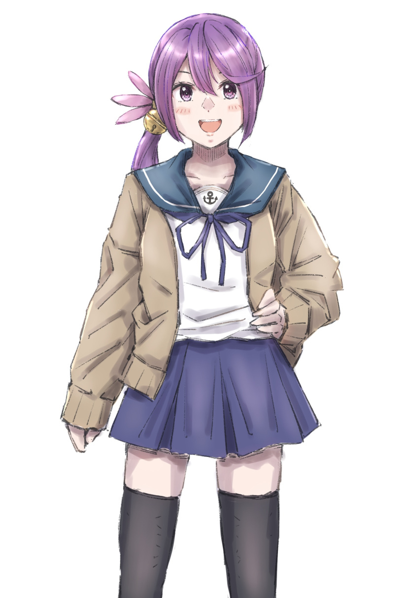 1girl adapted_costume akebono_(kancolle) akebono_kai_(kancolle) anchor_ornament bell black_thighhighs blue_sailor_collar blue_skirt brown_cardigan cardigan flower hair_bell hair_flower hair_ornament highres jingle_bell kantai_collection ld_(luna_dial398) long_hair open_cardigan open_clothes pleated_skirt purple_hair sailor_collar school_uniform serafuku side_ponytail simple_background skirt solo thigh-highs very_long_hair violet_eyes white_background