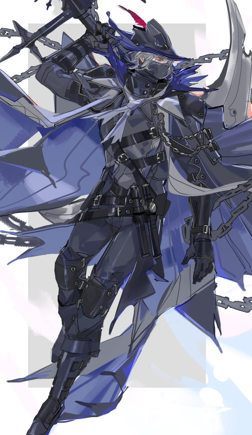 1boy absurdres arknights black_headwear blue_cape cape commentary grey_hair hat highres holding holding_weapon looking_to_the_side mask mouth_mask nslacka profile red_eyes solo ulpianus_(arknights) weapon weapon_behind_back