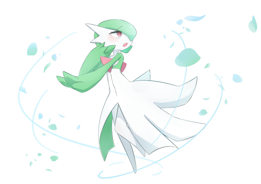 1girl bangs blush bob_cut colored_skin commentary_request falling_leaves flat_chest full_body gardevoir green_hair green_skin hair_over_one_eye hand_up highres leaf leg_up looking_to_the_side looking_up m3_(gardevoir_m3) multicolored_skin one_eye_covered open_mouth outstretched_arm pokemon pokemon_(creature) red_eyes short_hair simple_background solo standing standing_on_one_leg two-tone_skin white_background white_skin wind