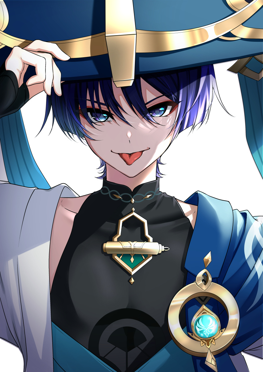1boy absurdres arm_armor arm_up bangs bare_shoulders black_shirt blue_eyes blue_gemstone blue_hair blue_headwear blue_vest closed_mouth collarbone gem genshin_impact gold gradient gradient_hair grey_vest hair_between_eyes hand_on_headwear hand_up hat highres jewelry jingasa looking_at_viewer male_focus mandarin_collar multicolored_hair necklace official_alternate_costume open_clothes open_vest pom_pom_(clothes) purple_hair scaramouche_(genshin_impact) shirt short_hair short_sleeves simple_background sleeveless sleeveless_shirt smile solo standing taira_(zcyr3347) tongue tongue_out v-shaped_eyebrows vest vision_(genshin_impact) wanderer_(genshin_impact) white_background