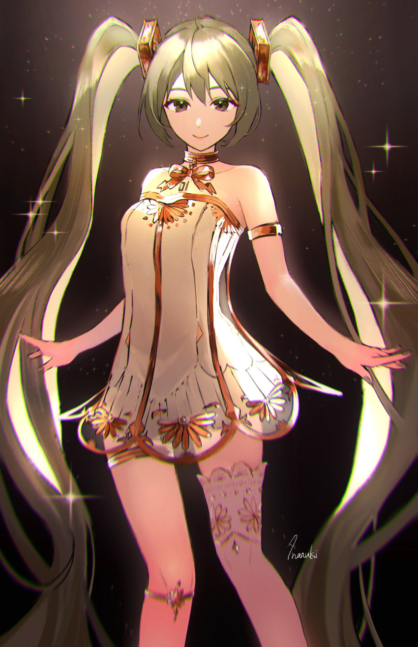 1girl absurdres armlet bare_shoulders black_background brown_eyes closed_mouth dress gold_bowtie gold_choker gold_trim gramophone_miku green_hair hair_ornament hatsune_miku highres long_hair miku_symphony_(vocaloid) see-through see-through_dress single_thighhigh smile solo sparkle strapless strapless_dress tananuki thigh-highs thighlet twintails very_long_hair vocaloid white_dress white_thighhighs