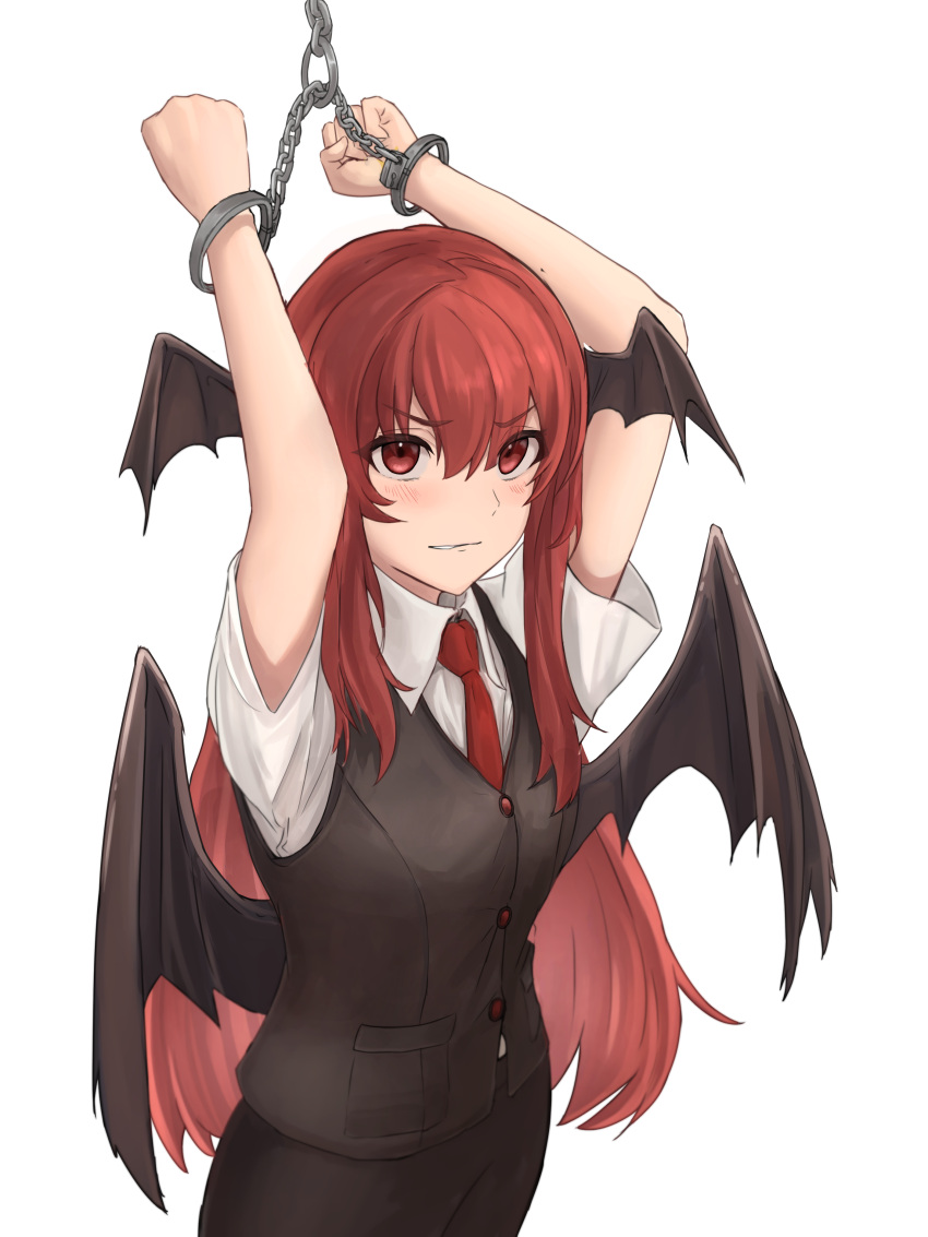 1girl absurdres aisumegane arms_up bat_wings black_skirt black_vest blush buttons chain clenched_teeth collared_shirt commentary_request cowboy_shot cuffs dress_shirt eyes_visible_through_hair hair_between_eyes handcuffs head_wings highres koakuma long_hair low_wings necktie red_eyes red_necktie redhead restrained shirt short_sleeves sidelocks simple_background skirt skirt_set solo teeth touhou v-shaped_eyebrows very_long_hair vest white_background white_shirt wings