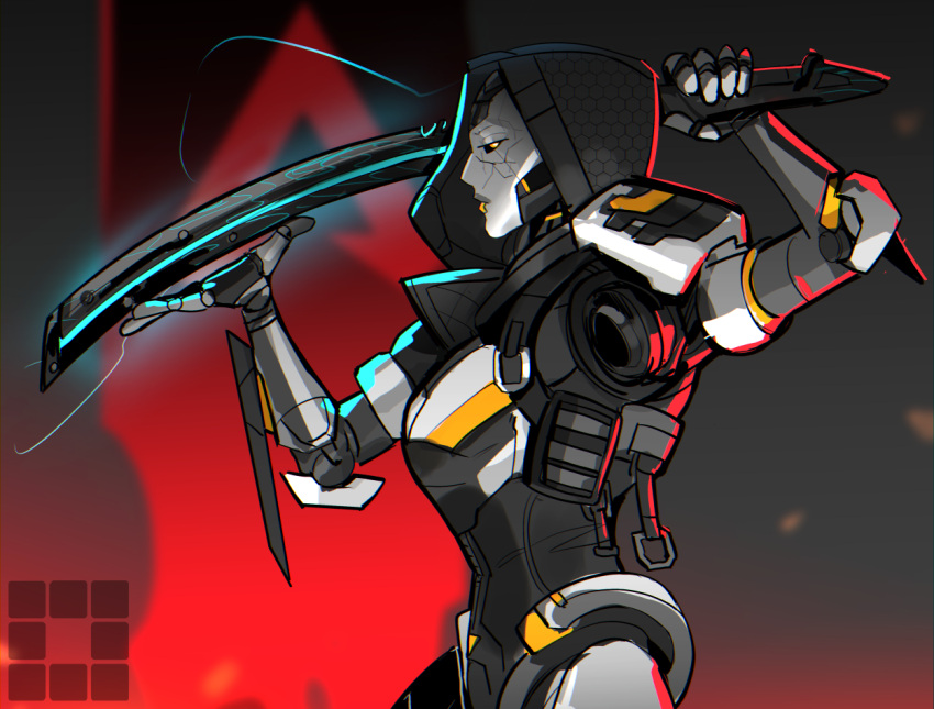 1girl 2-ee android apex_legends ash_(titanfall_2) black_leotard black_sclera colored_sclera commentary cracked_skin english_commentary from_side holding holding_sword holding_weapon hood hood_up leotard looking_at_viewer metal_skin orange_eyes simulacrum_(titanfall) solo sword titanfall_(series) titanfall_2 weapon