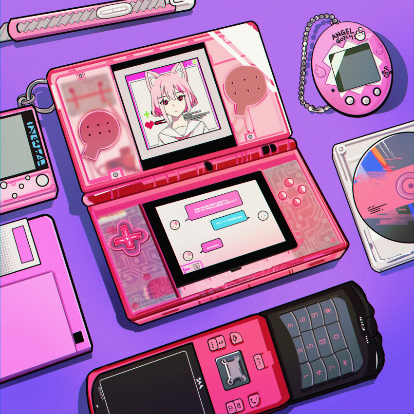 1girl absurdres animal_ear_fluff animal_ears cat_ears cd cd_case cellphone floppy_disk handheld_game_console highres hobby_knife kiliko-san knife nintendo_ds original phone purple_background short_hair tamagotchi