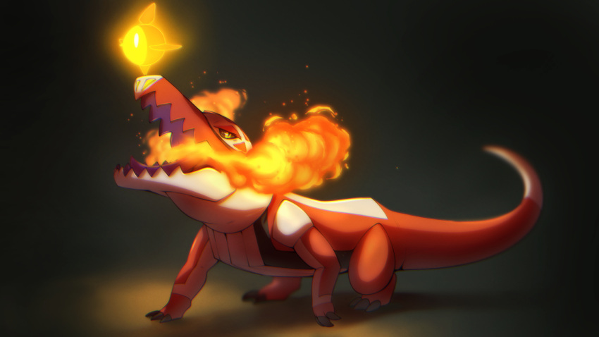 drawfag fire no_humans open_mouth pokemon pokemon_(creature) skeledirge solo